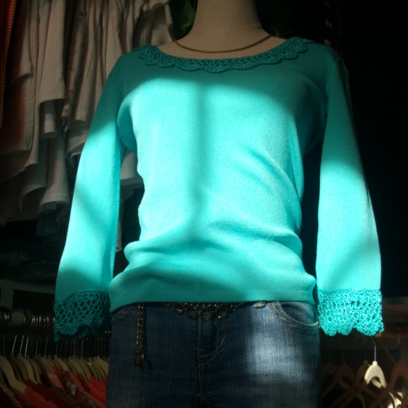 J.A.C. by JOSEPH. A.♡ Gorgeous Teal 3/4 Embellished Open Lace  Trim Blouse S - Picture 4 of 11